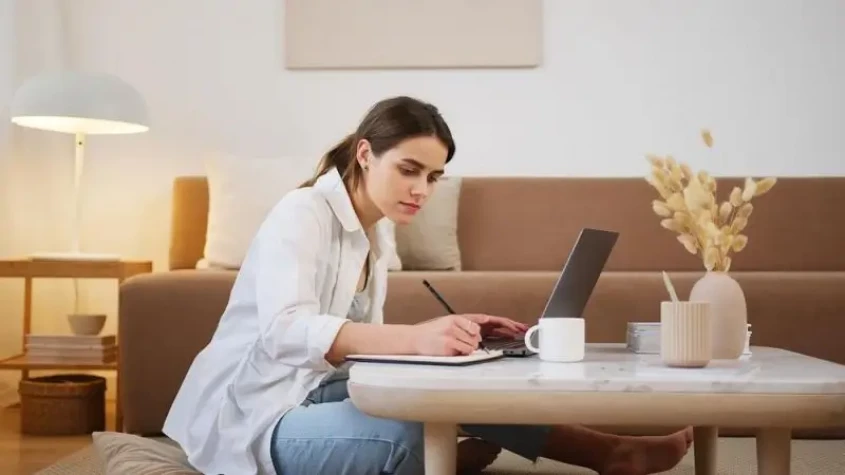 Genrebild över en kvinna som sitter och antecknar vid datorn