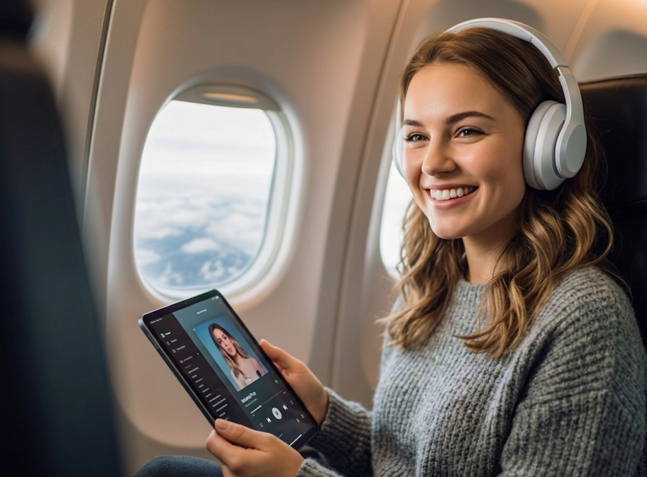 Passeggera seduta in aereo mentre ascolta musica con il suo tablet