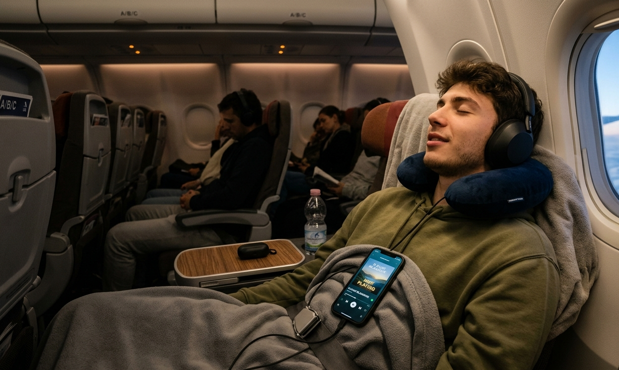 Ragazzo che dorme in aereo mentre ascolta una playlist di musica rilassante