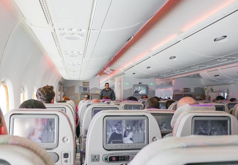 Airplane seats inside an Emirates plane 