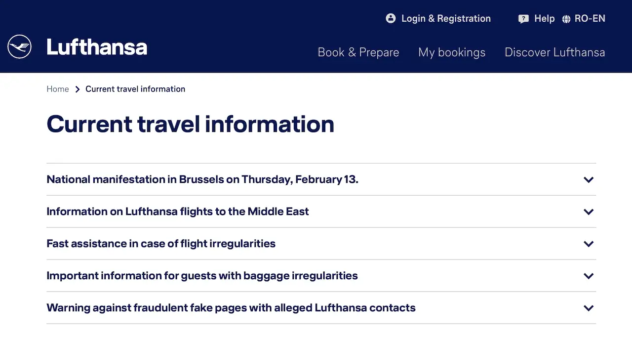 Lufthansa Informații de călătorie actuale
