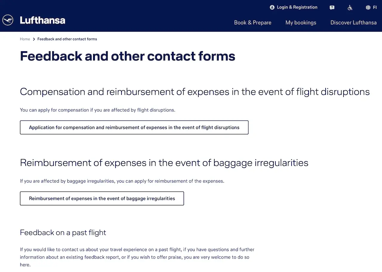 Lufthansan palaute ja muut yhteydenottolomakkeet