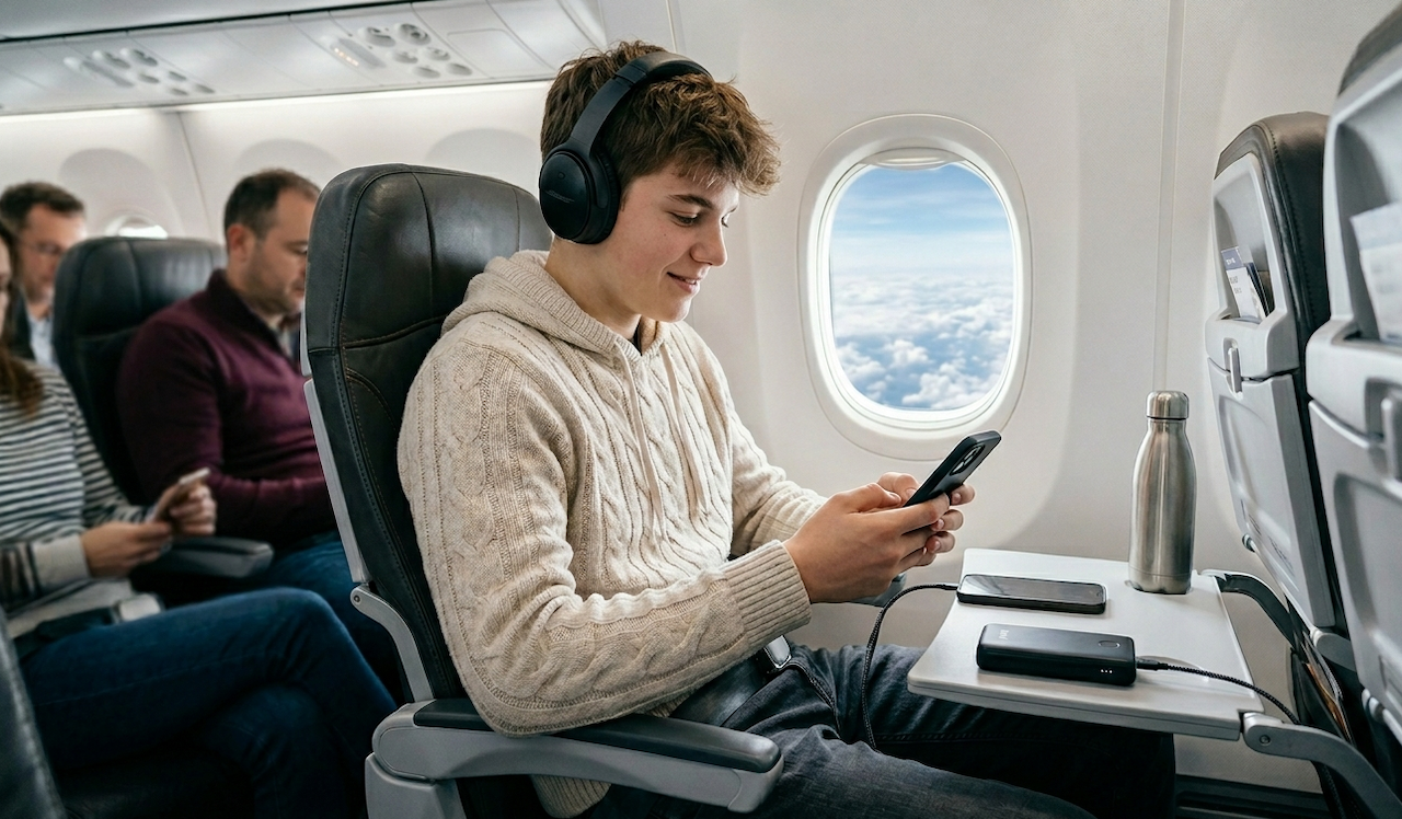 Ragazzo seduto in aereo con power bank che ricarica il cellulare mentre ascolta la musica