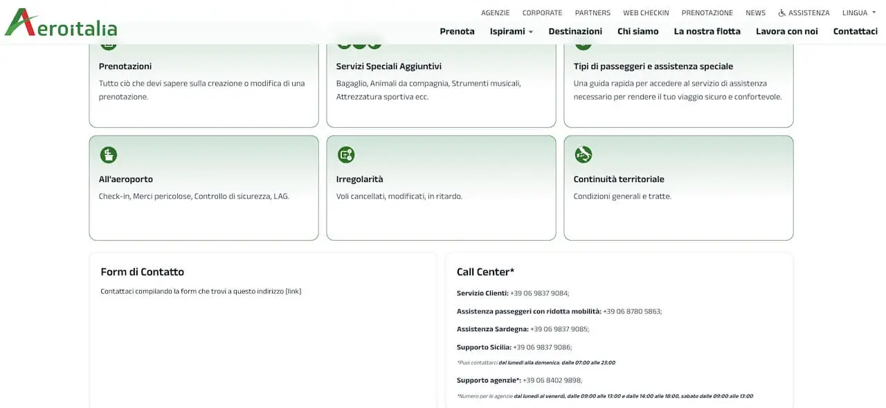 Pagina web Aeroitalia sezione contatti