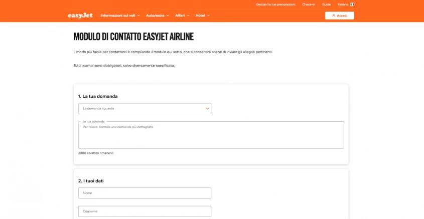 Pagina web easyJet modulo contatto