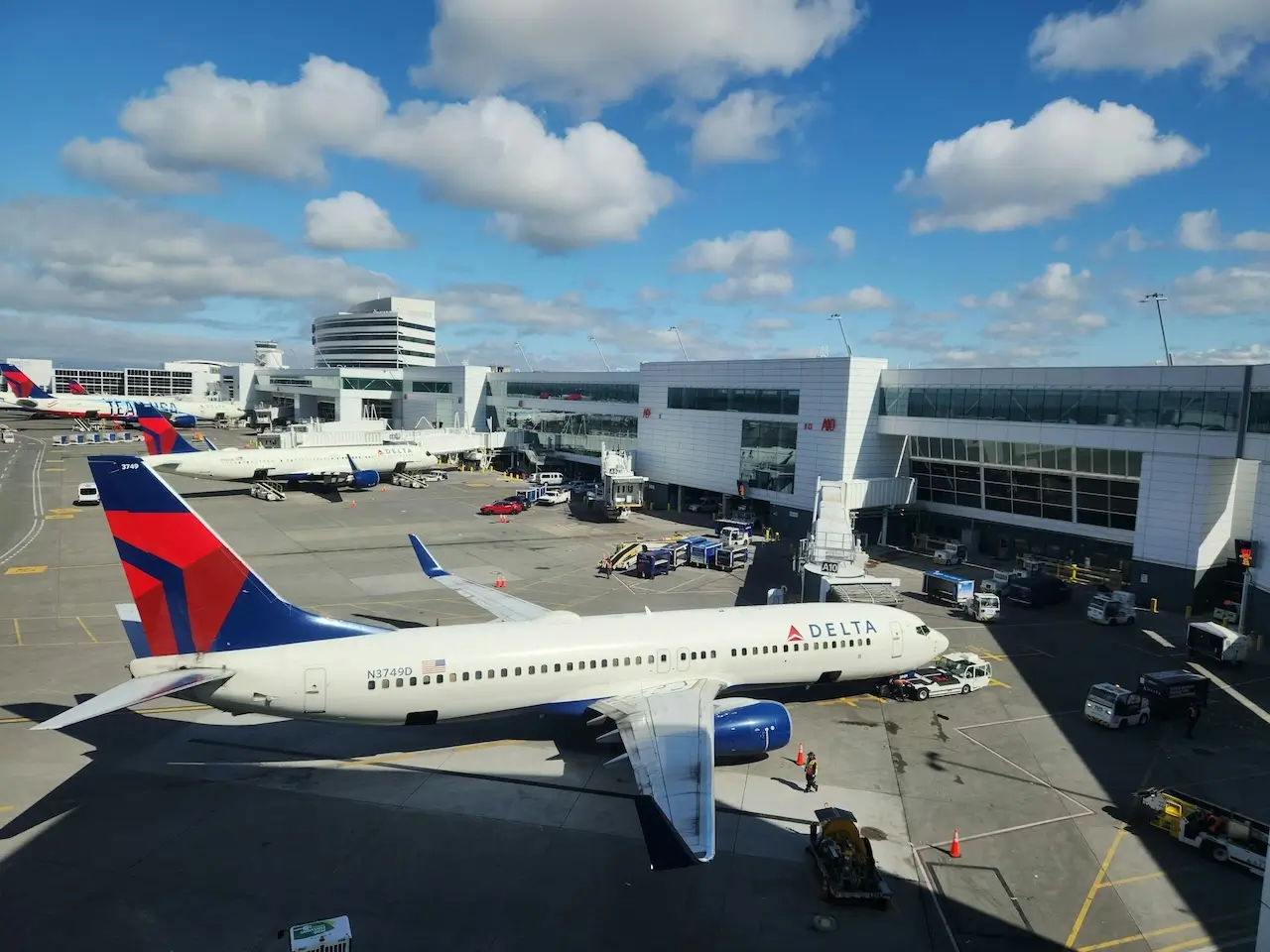 A Delta plane at the gate of Sea-Tac Airport, among the worst US airports for delays