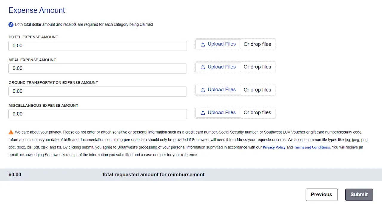 The fields on the Southwest reimbursement form for detailed expenses