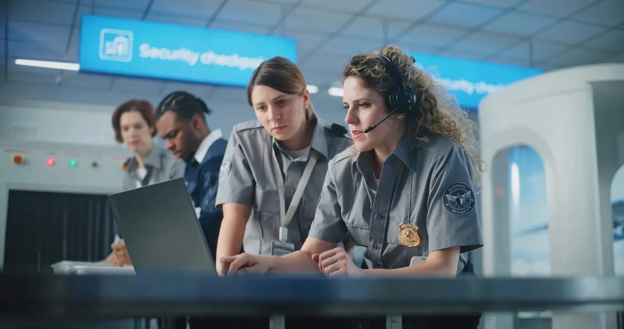 TSA agents scanning bags
