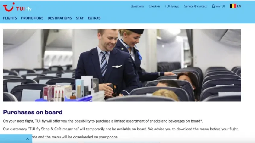 A screenshot from the TUI website mentioning on board service