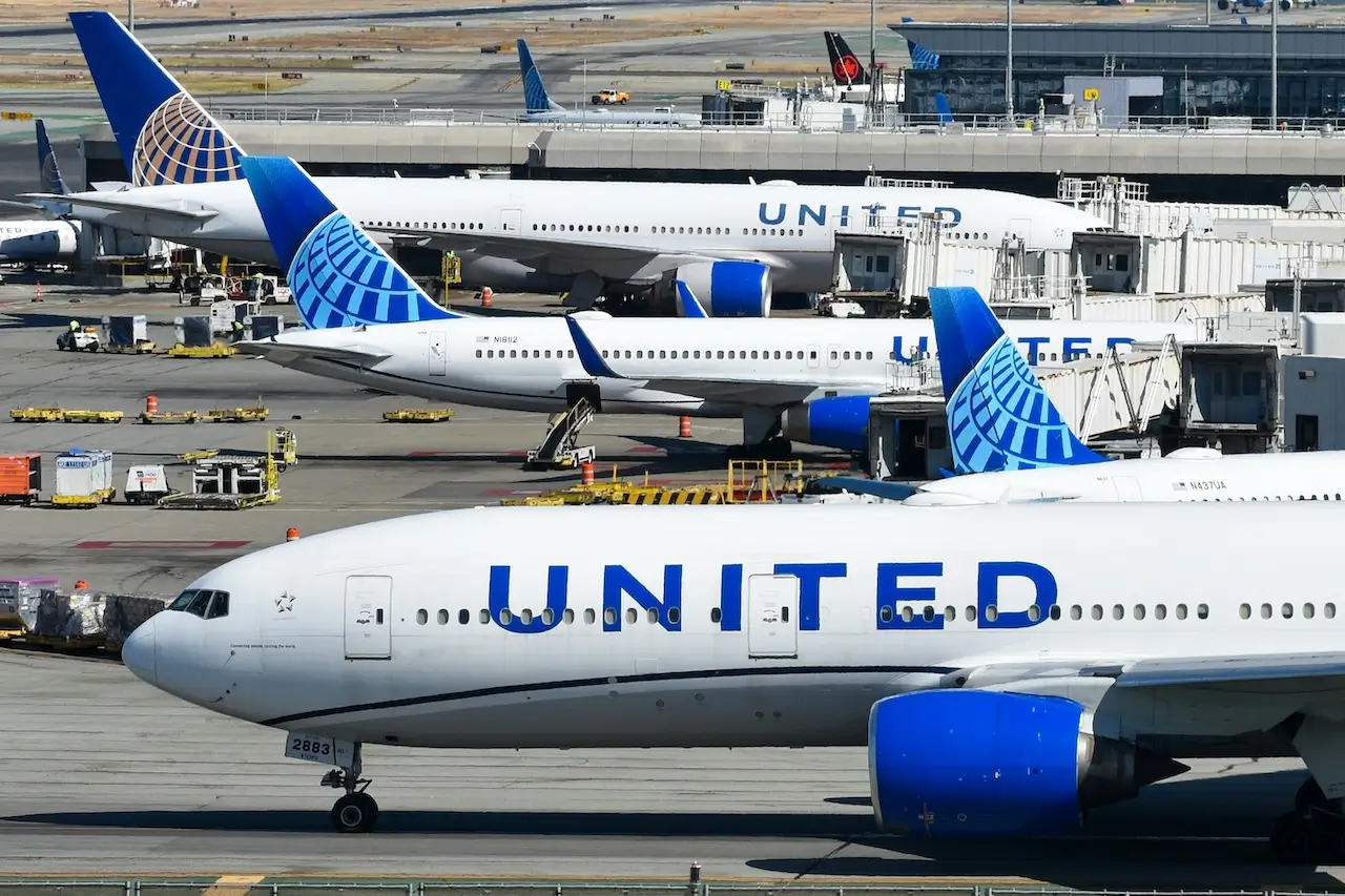 United planes parked at gates at San Francisco Airport