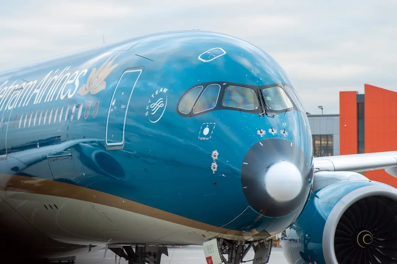 A Vietnam Airlines delayed flight leaving the gate