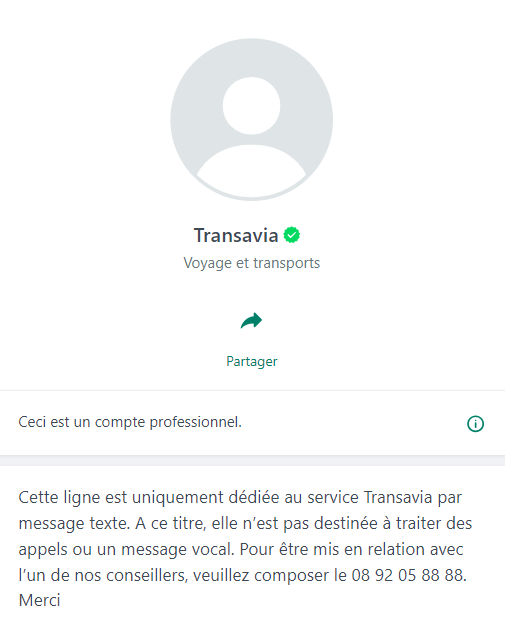 Compte professionnel Whatsapp de Transavia