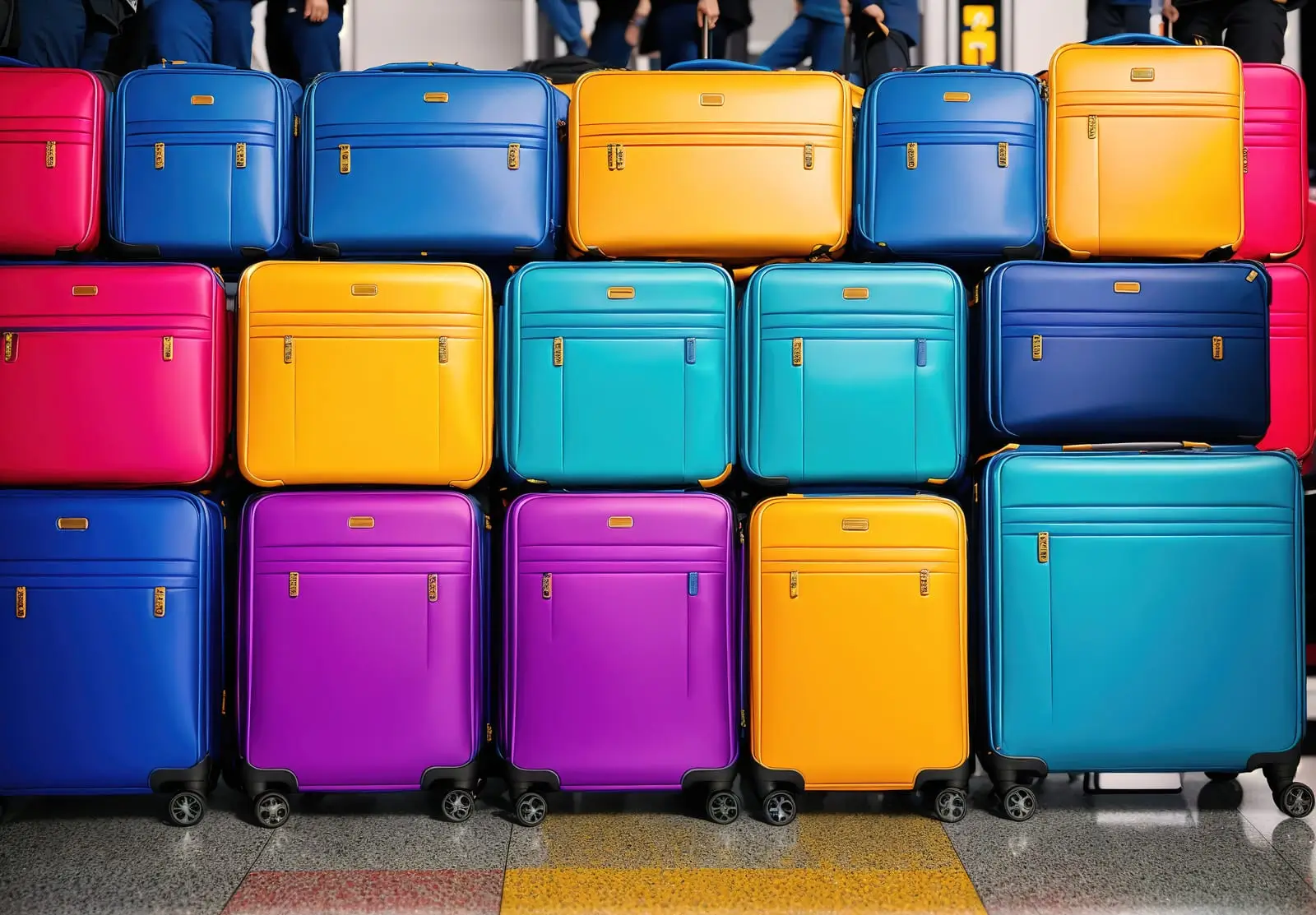 un montón de maletas de colores apiladas contra la pared en la terminal de un aeropuerto