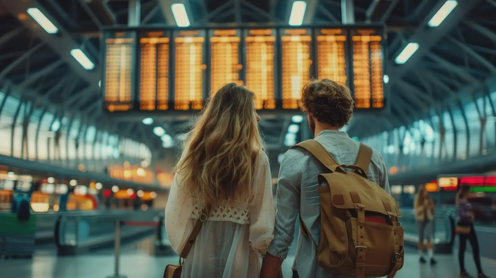 a couple checking departure boarding passes in airport