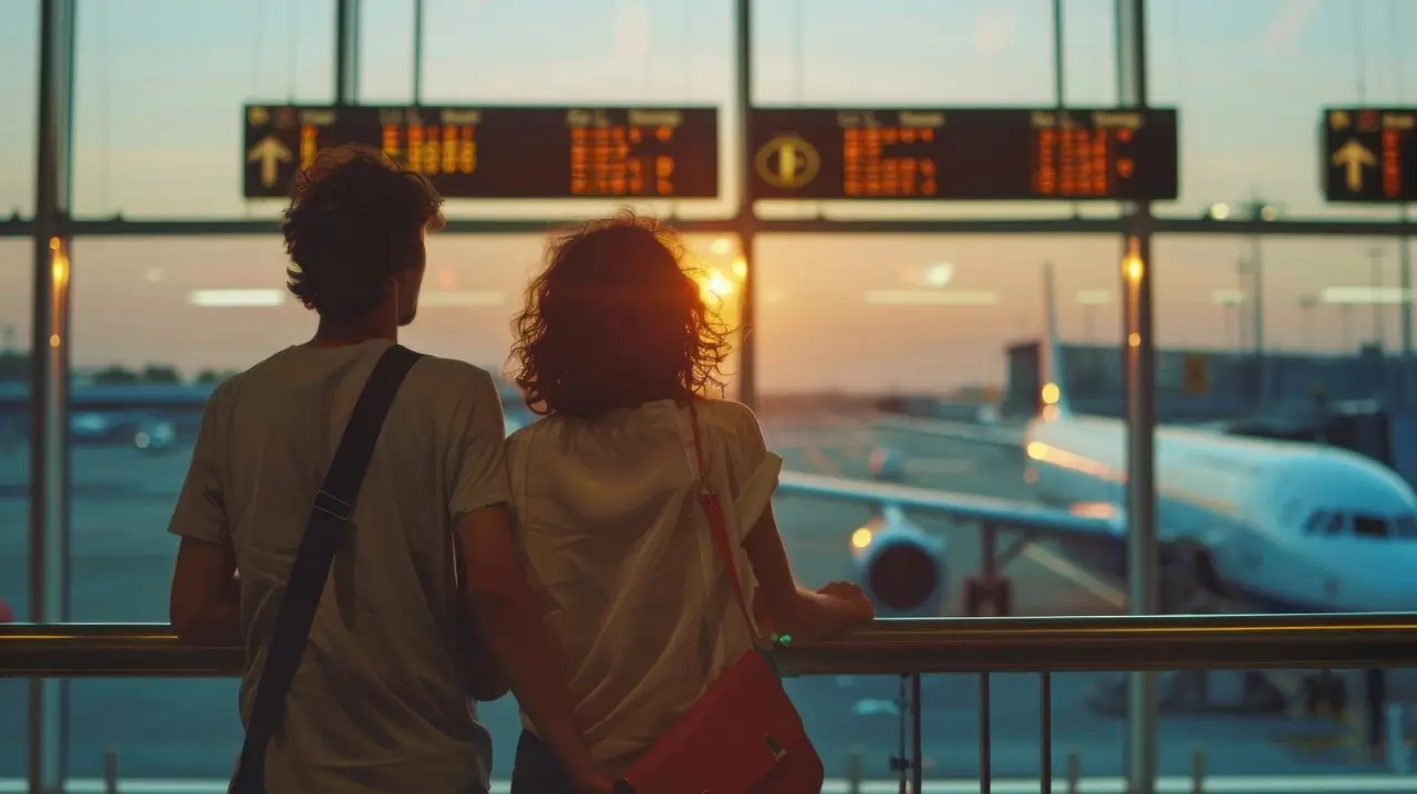 una pareja viajando y mirando por la ventanilla del aeropuerto