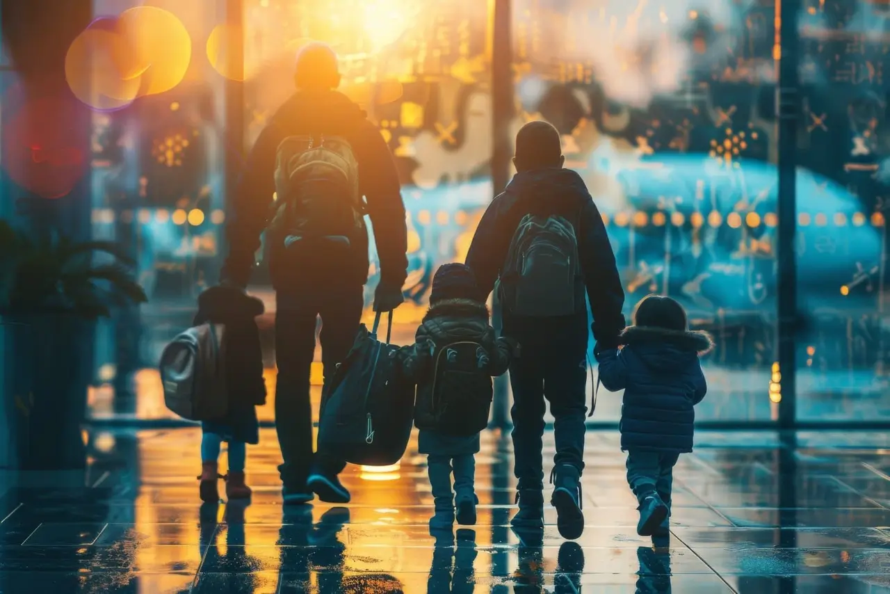 una familia de cuatro está caminando por un aeropuerto con su equipaje