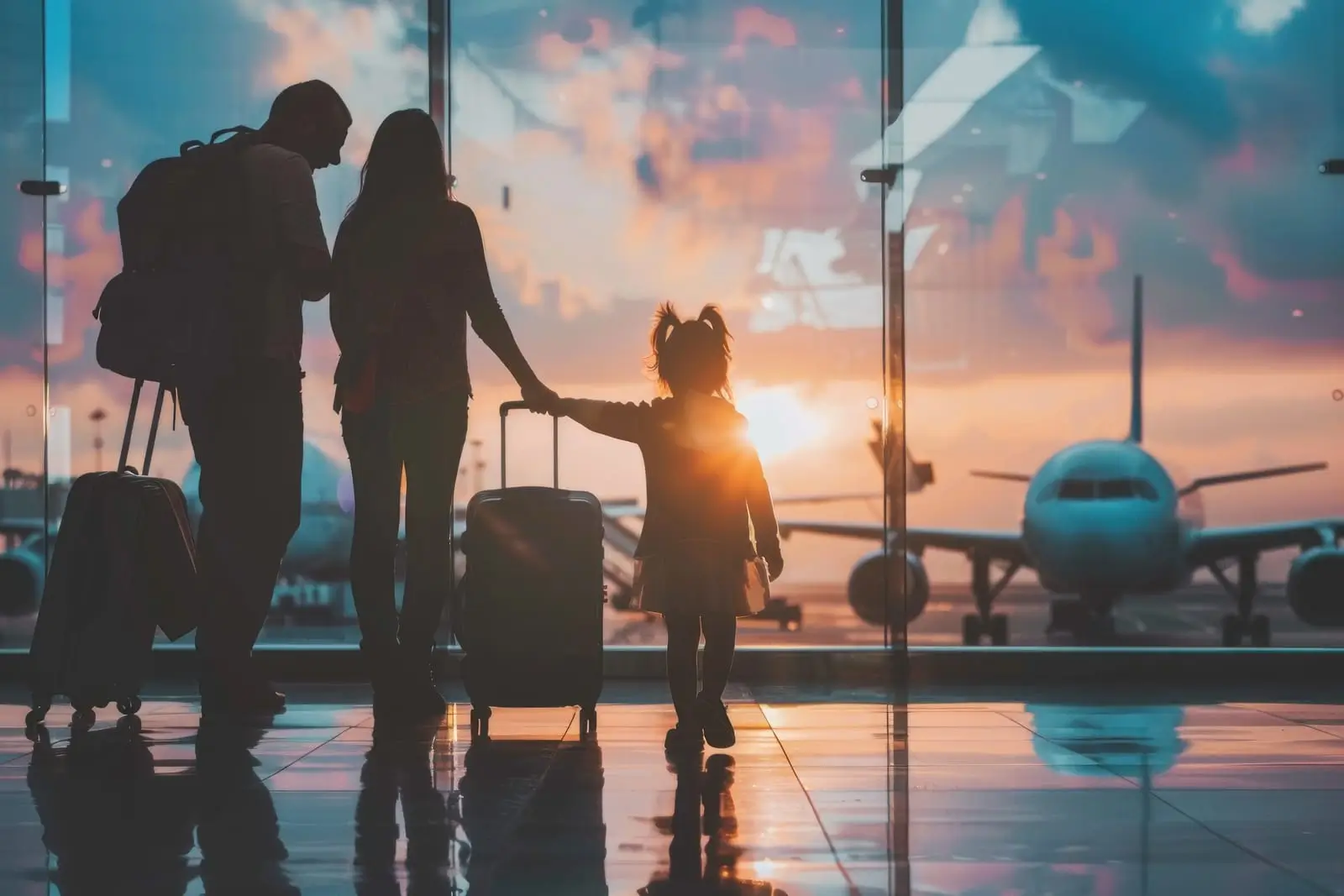 a family of three is walking through an airport terminal with their luggage