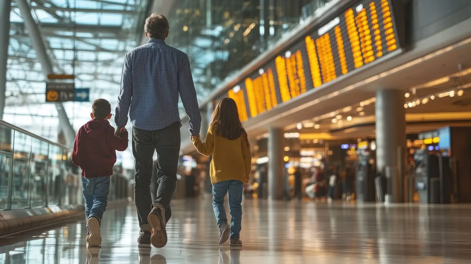 une famille de voyageurs traverse l'aéroport