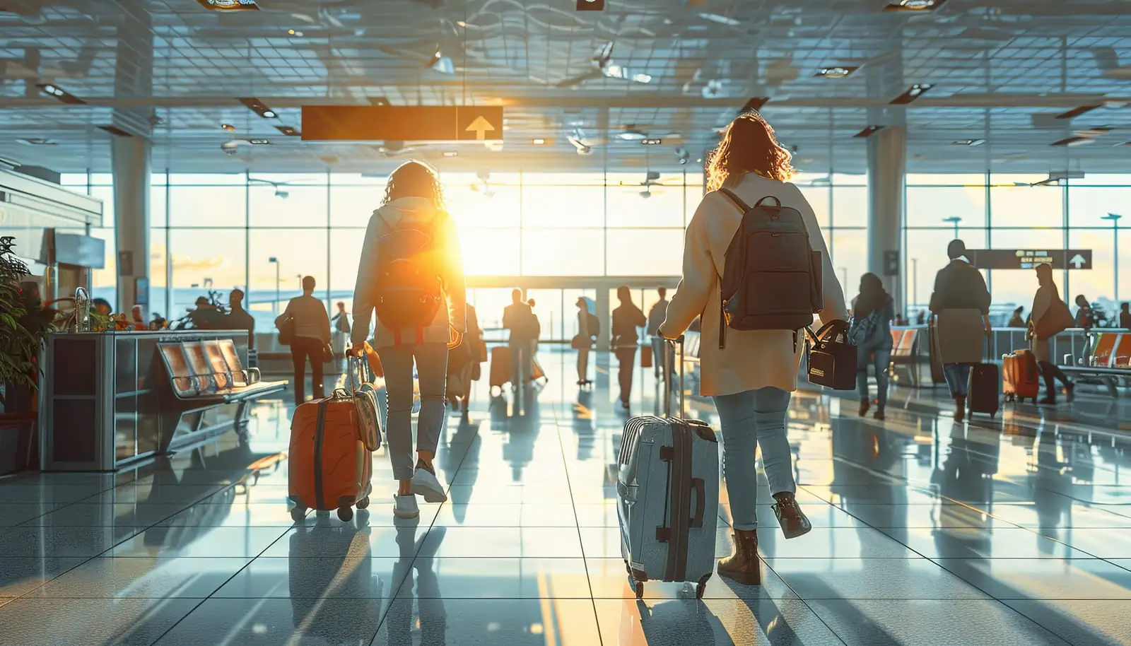 un grupo de personas camina por un aeropuerto con su equipaje