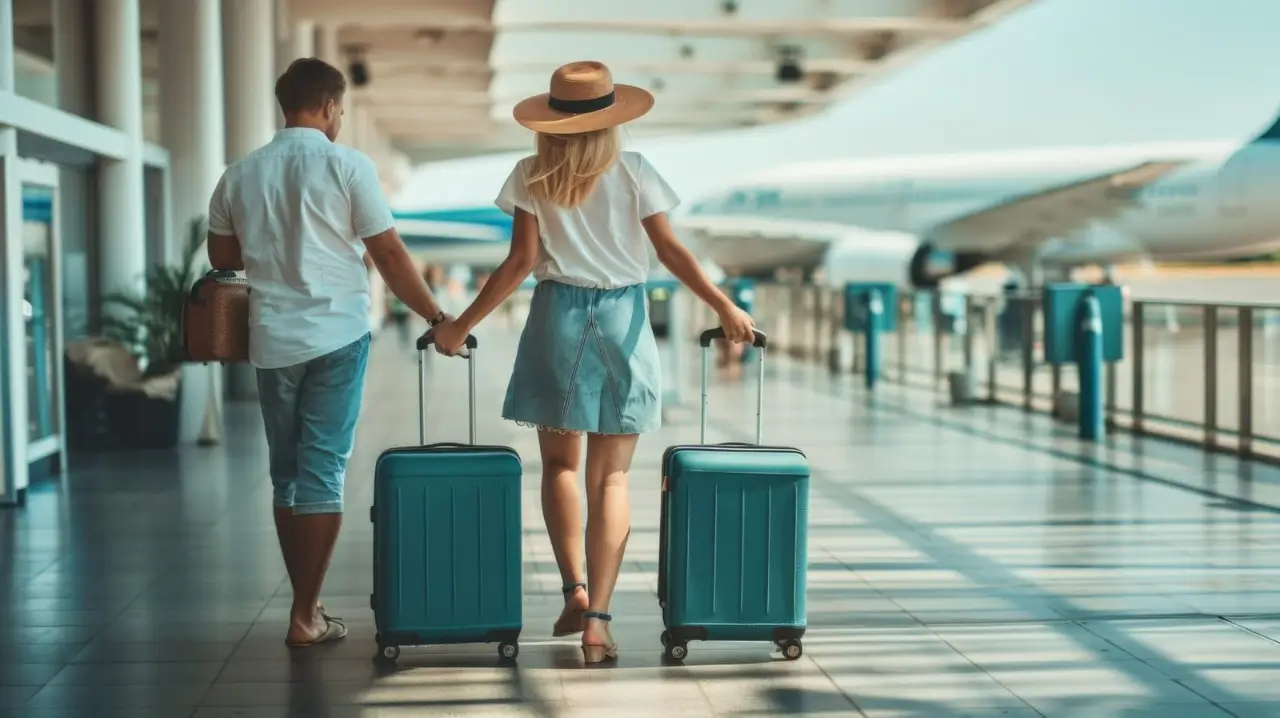 un homme et une femme avec leurs valises