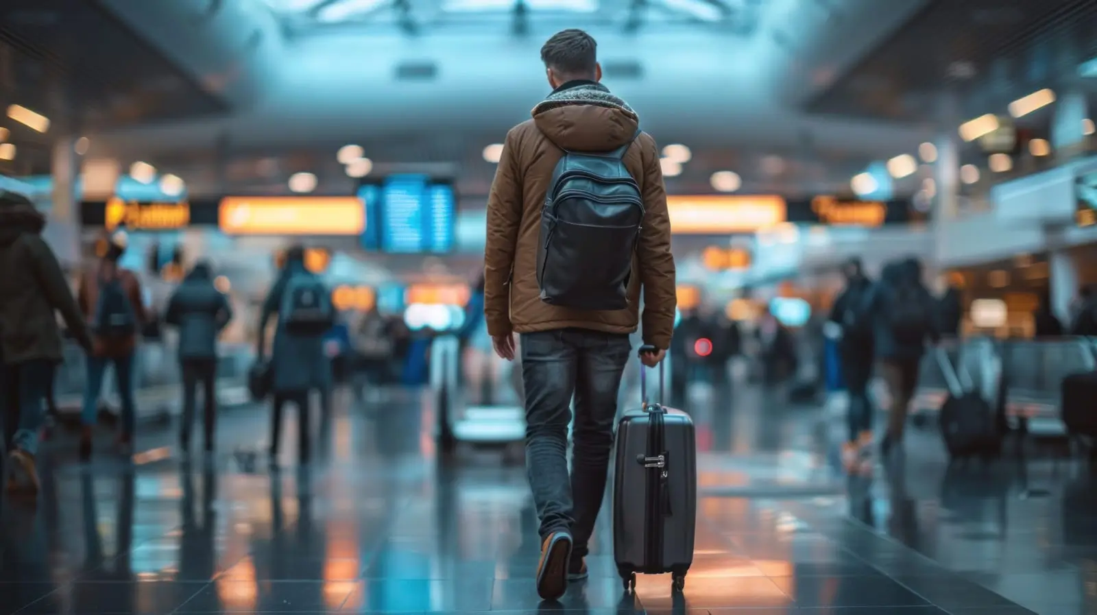 a man is walking through an airport with a suitcase and a backpack