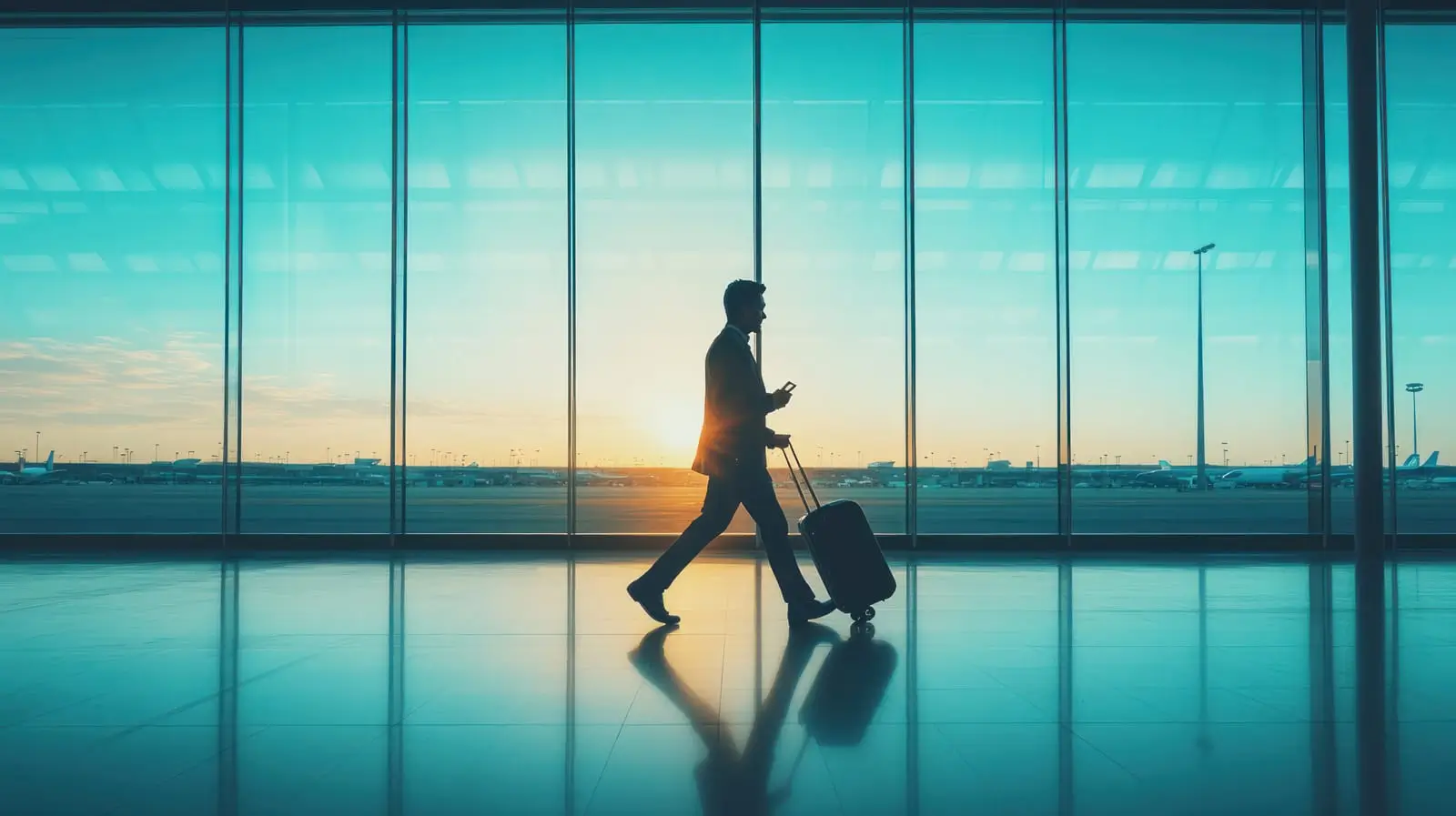 un hombre camina por la terminal de un aeropuerto llevando una maleta