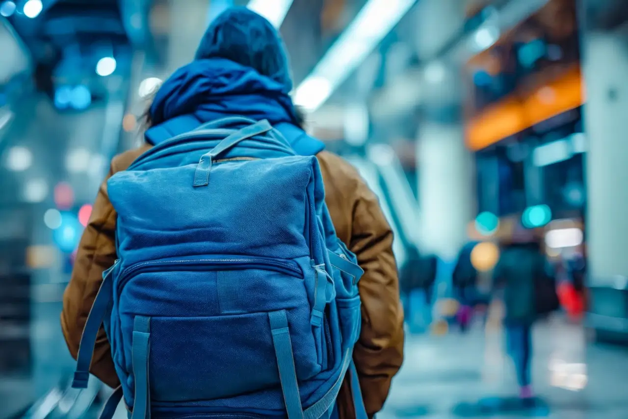un hombre con una mochila azul camina por un concurrido aeropuerto