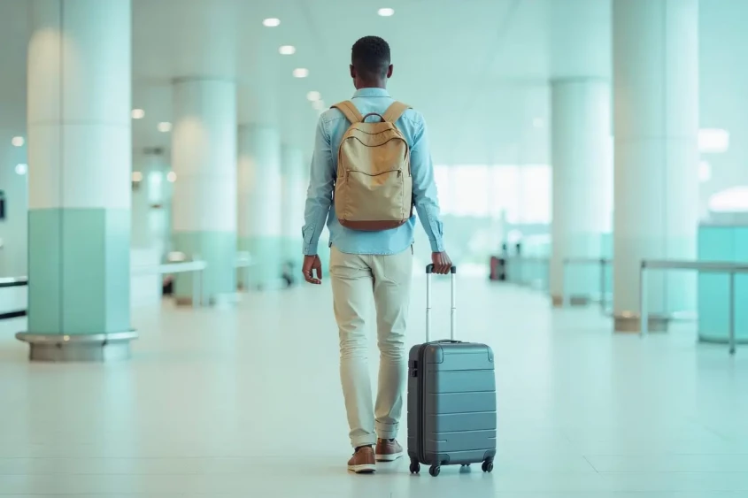 un voyageur avec ses bagages dans un a&eacute;roport