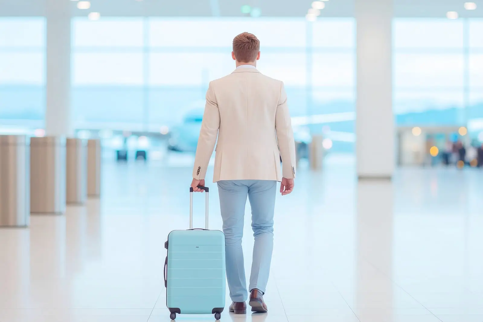 un homme avec une valise &agrave; roulettes marche &agrave; l'int&eacute;rieur de l'a&eacute;roport