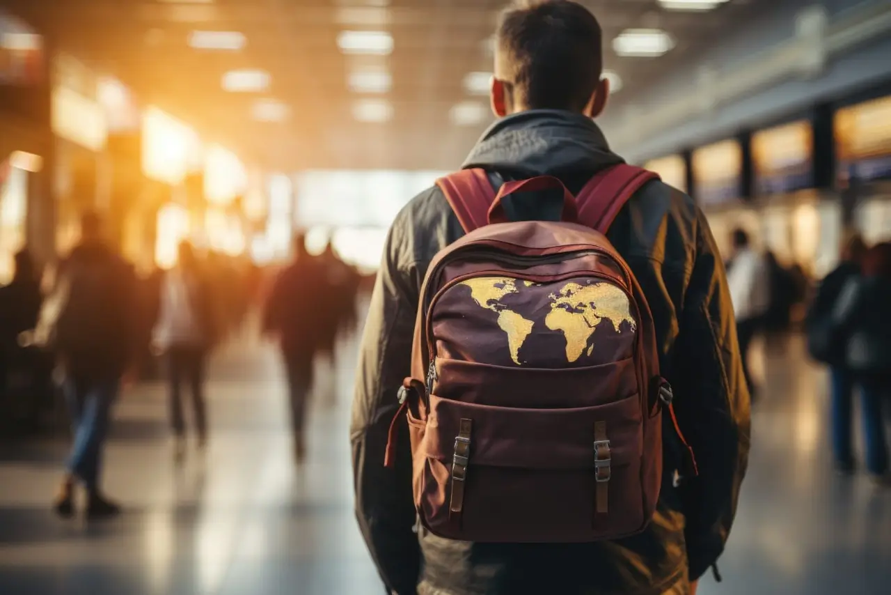 un voyageur avec un sac a dos dans un aéroport