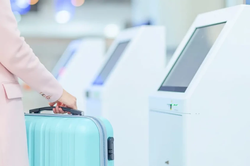 une passag&egrave;re devant la borne d'enregistrement automatique &agrave; l'a&eacute;roport