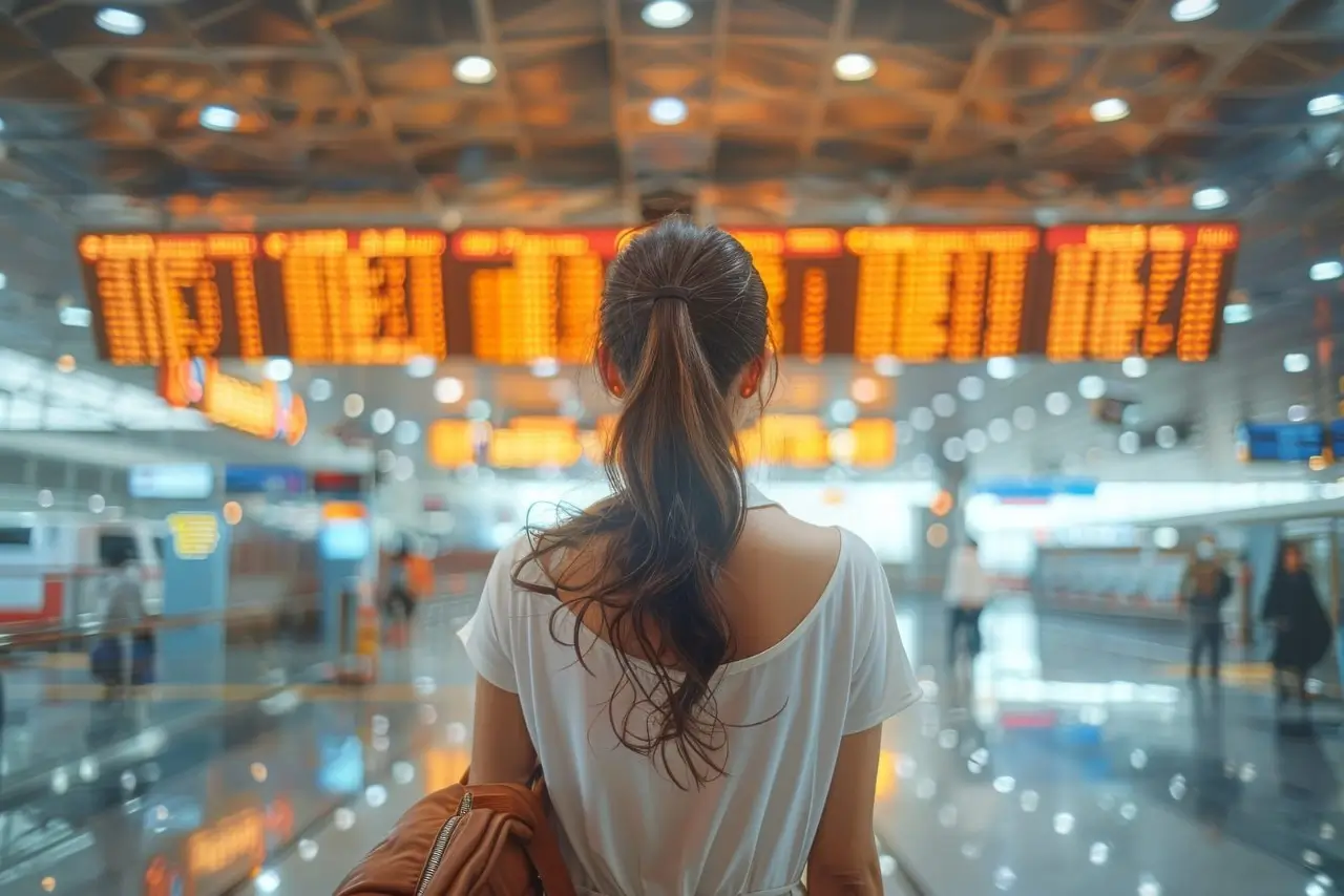 une voyageuse avec son bagage dans un aéroport
