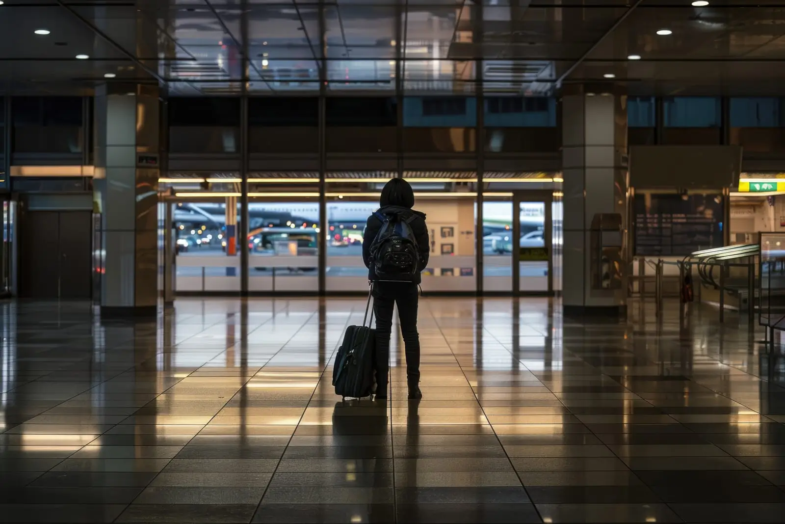 a person is standing in a large airport terminal with a suitcase
