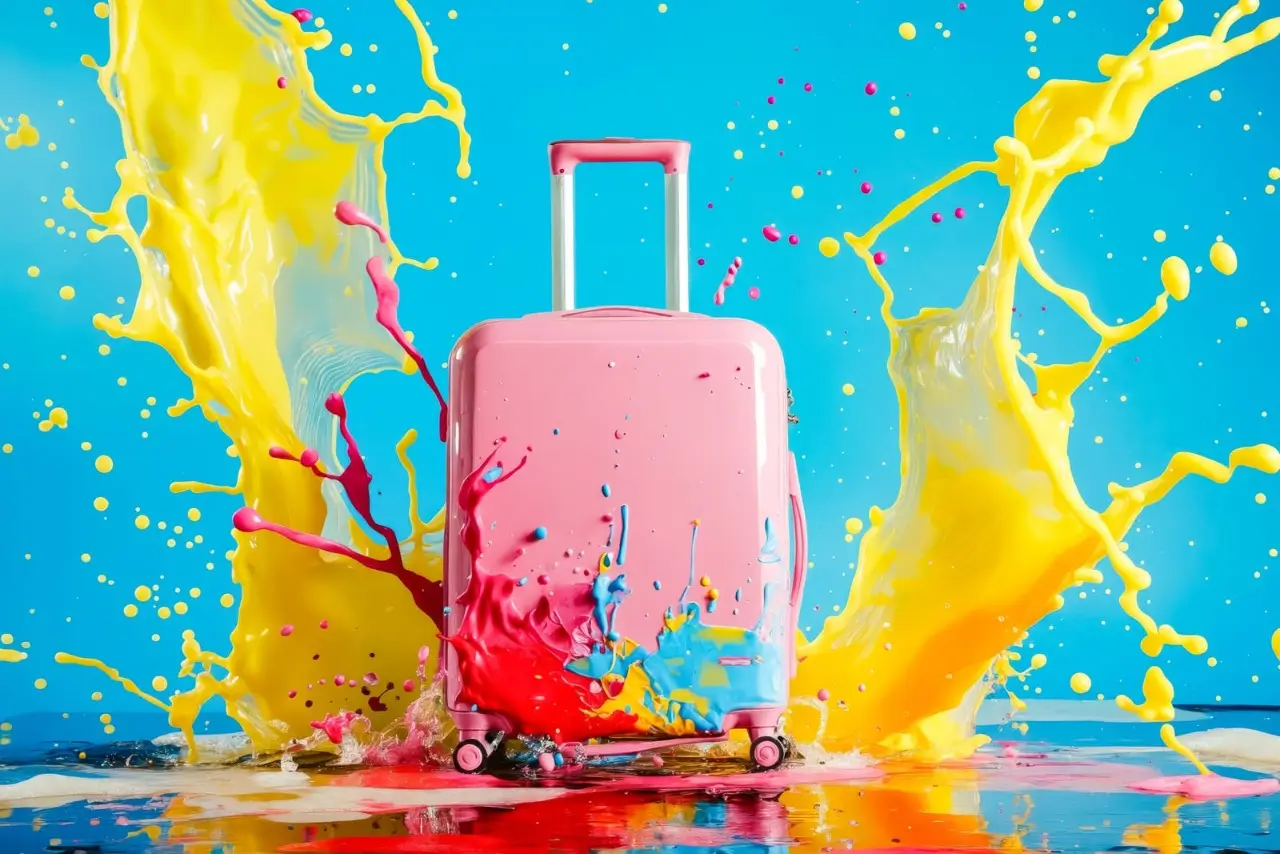 różowa walizka z wielokolorowymi plamami farby na całej powierzchni