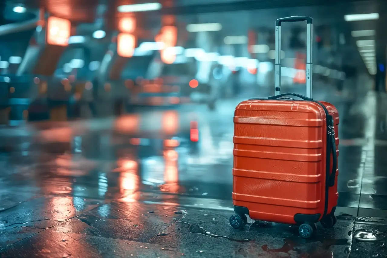 en röd resväska på golvet