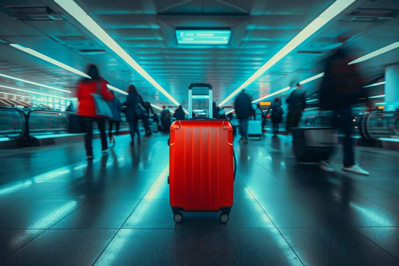 una maleta roja en el suelo de un aeropuerto muy concurrido