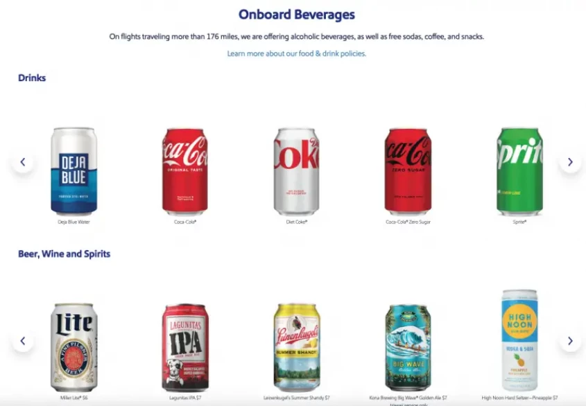 a screenshot of available drinks on southwest airlines flights