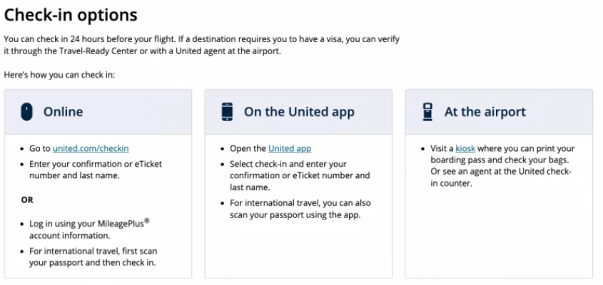 a screenshot of the available checin options from United Airlines website