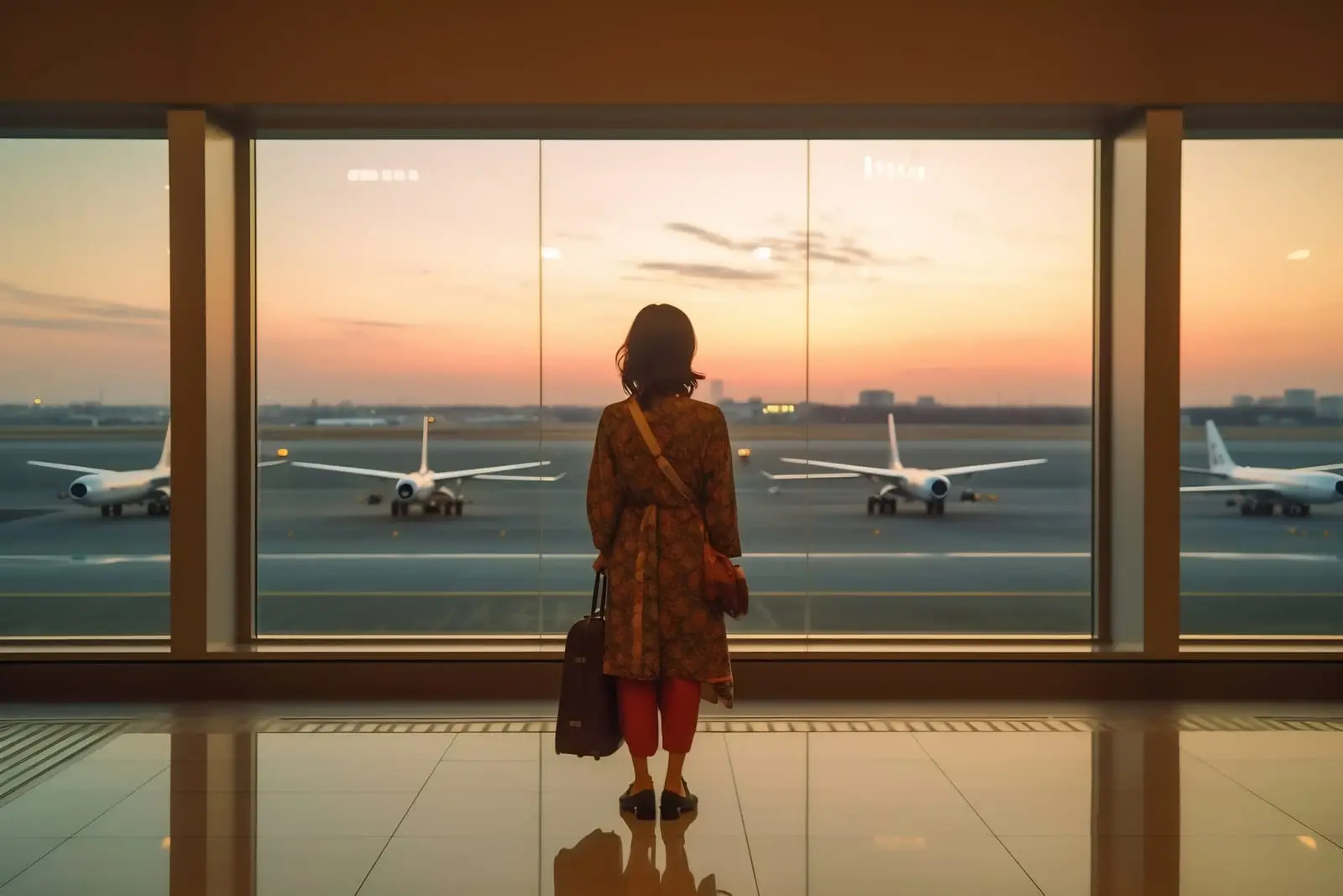 a woman at the airport window looking to the planes