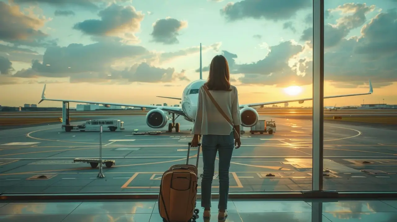 una mujer delante de un avión con su equipaje