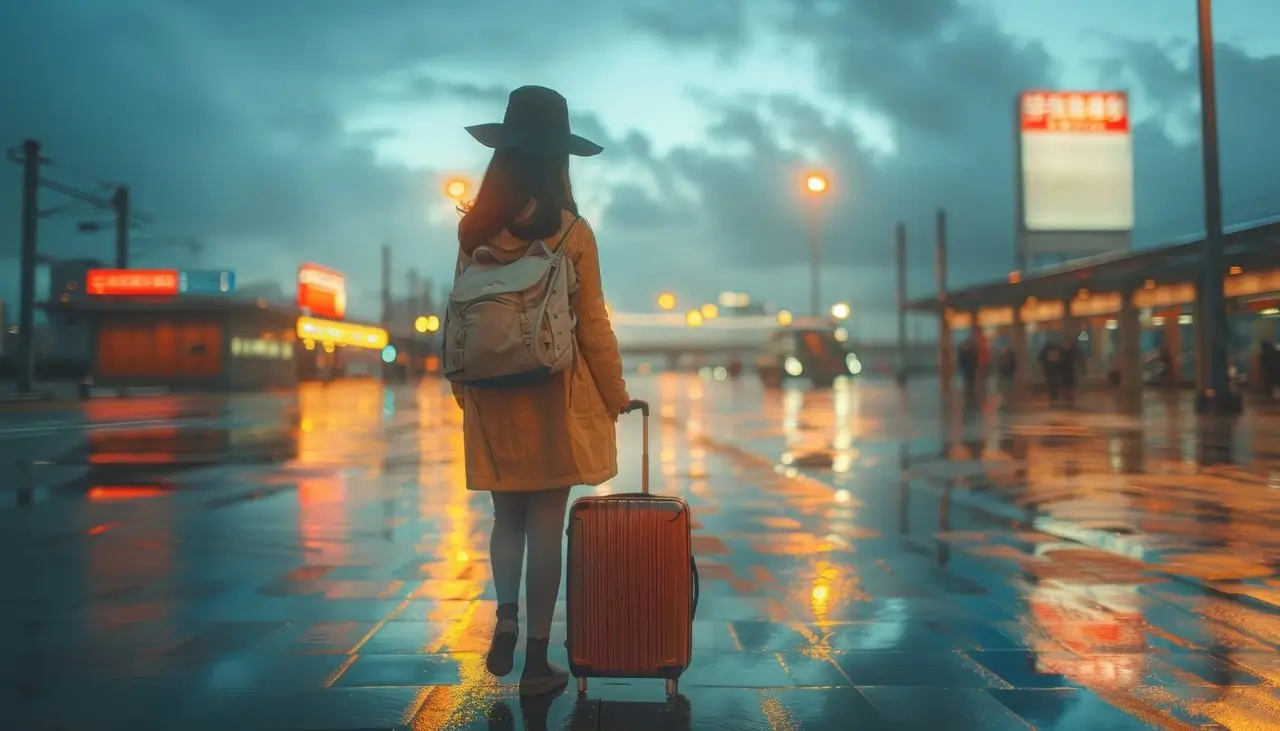 en kvinna med en resväska går längs gatan
