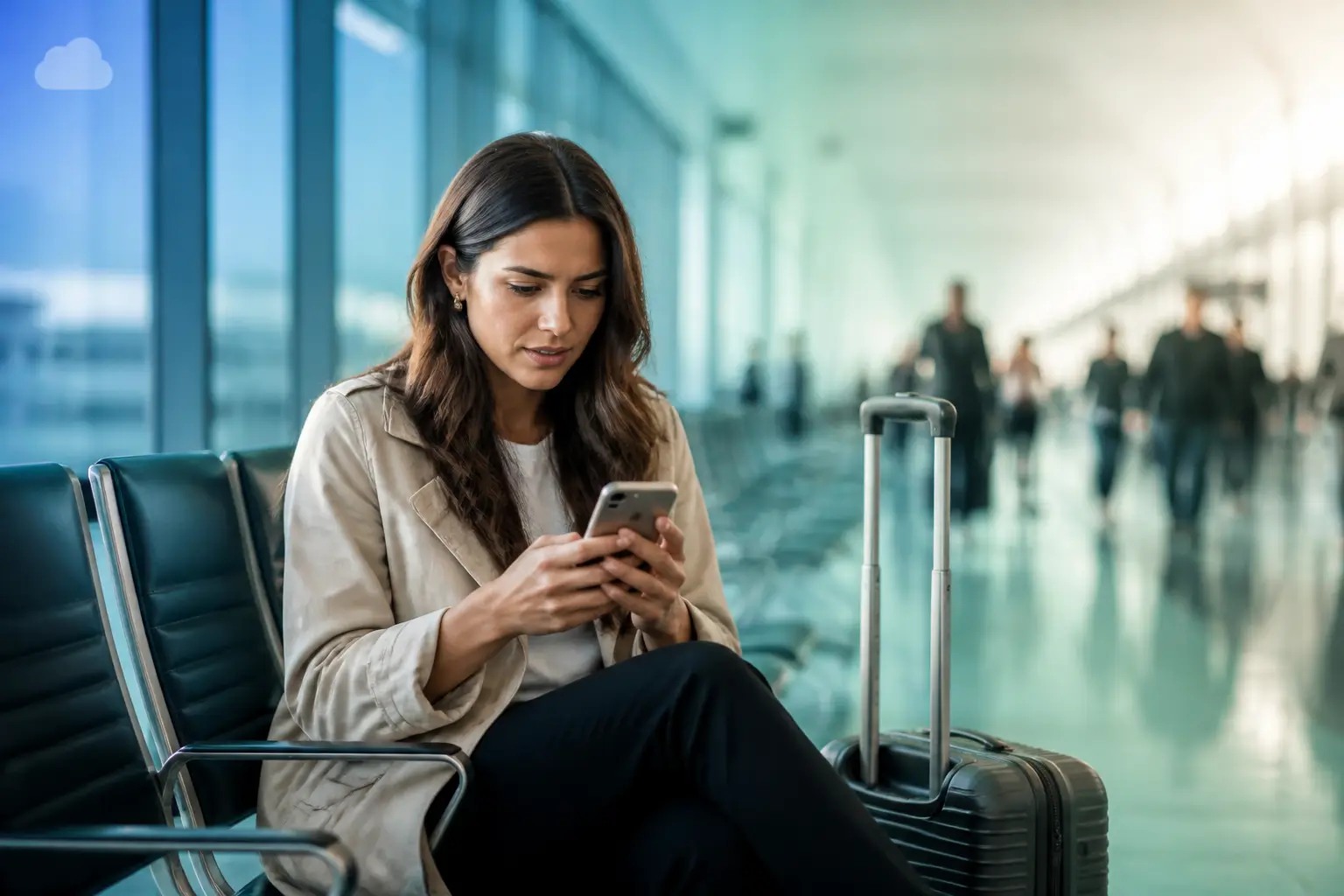 žena koja koristi pametni telefon na aerodromu