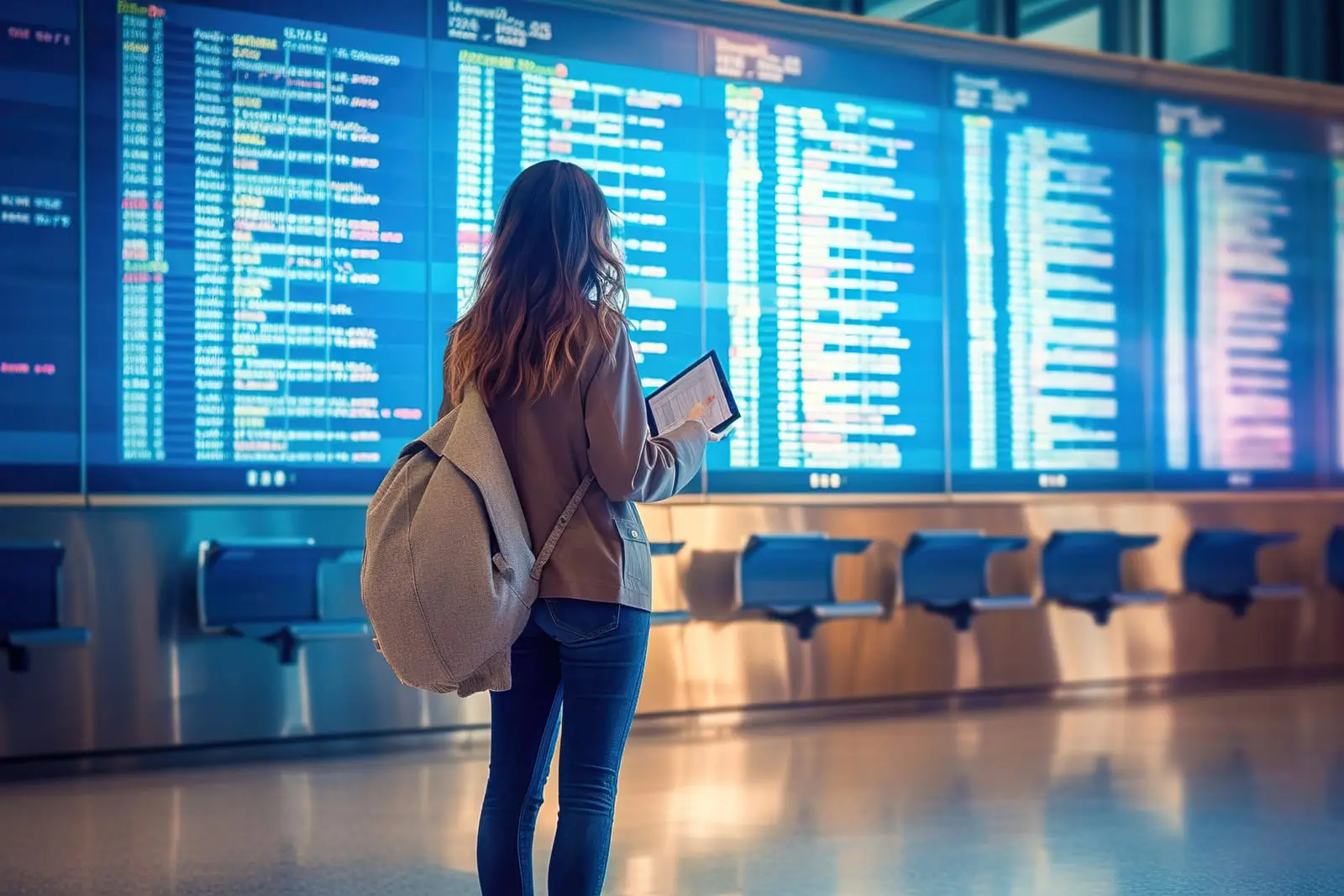 a woman with a backpack looks at the plane schedule at the airport