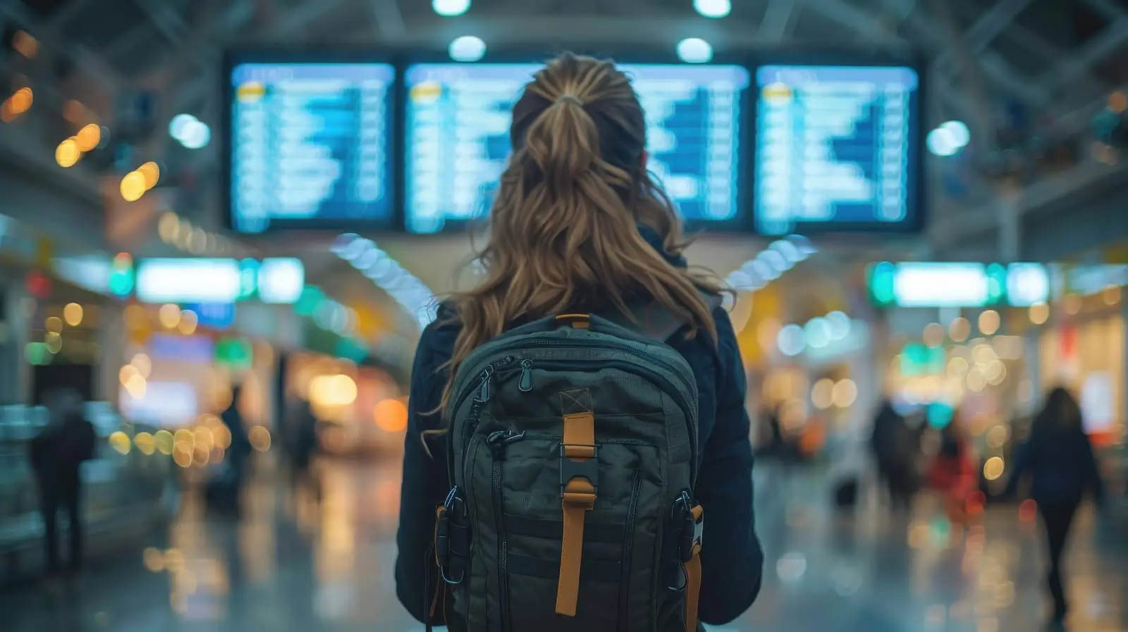 una mujer con una mochila azul frente a una fila de monitores de aeropuerto