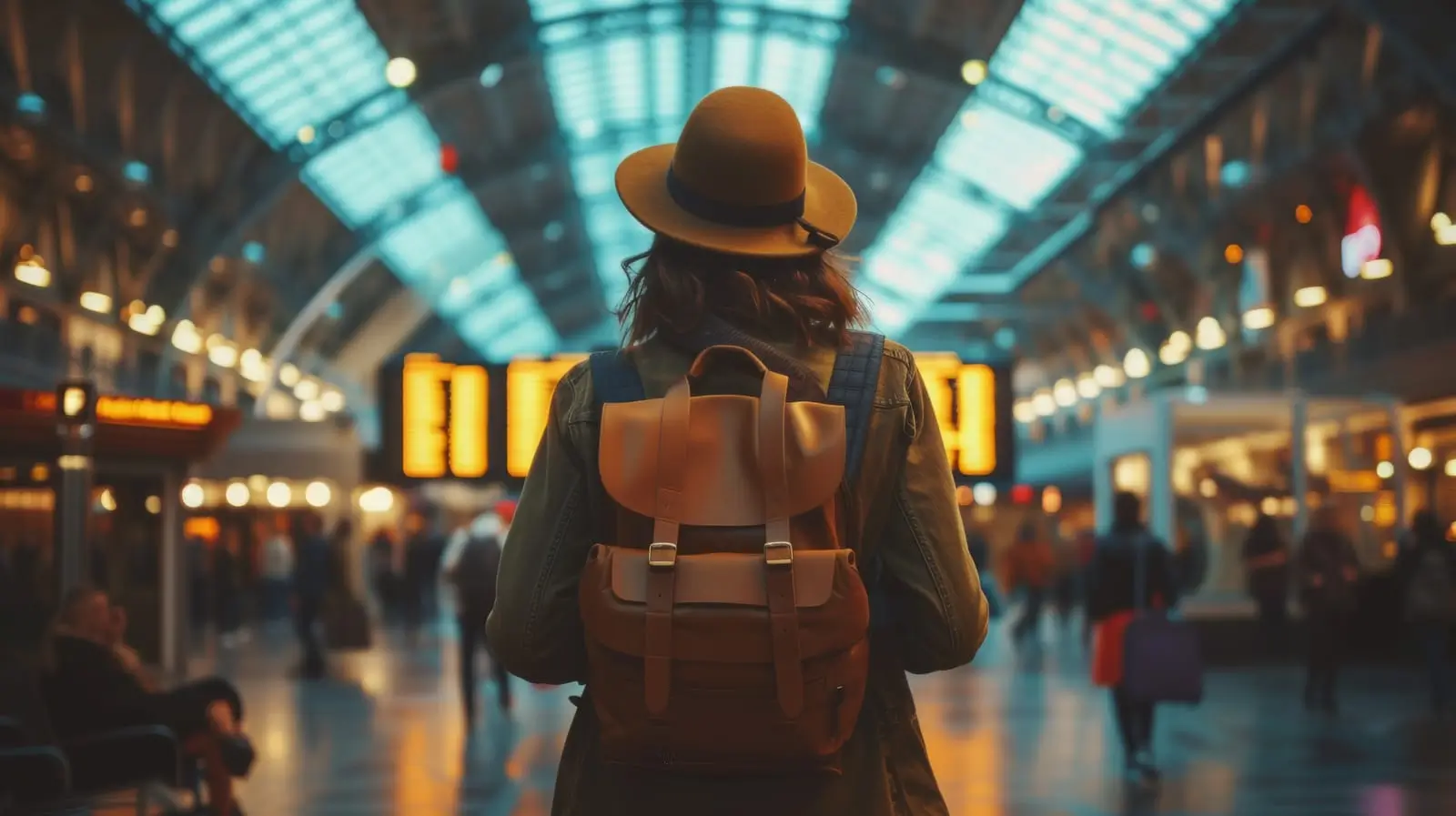 una mujer con sombrero y mochila caminando por un aeropuerto