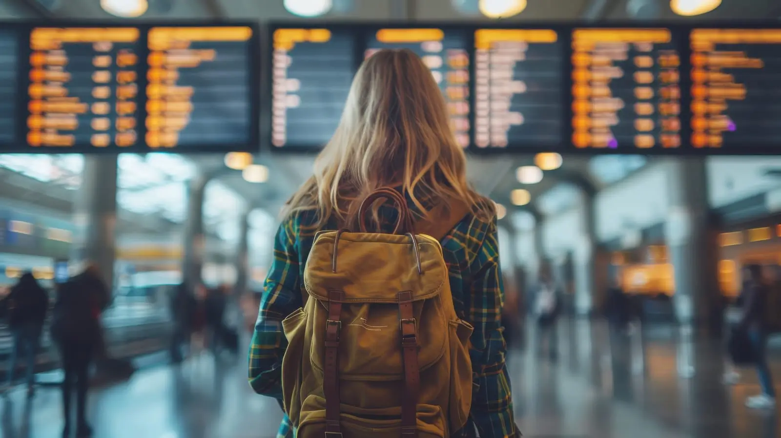 une voyageuse avec un sac a dos dans un aéroport