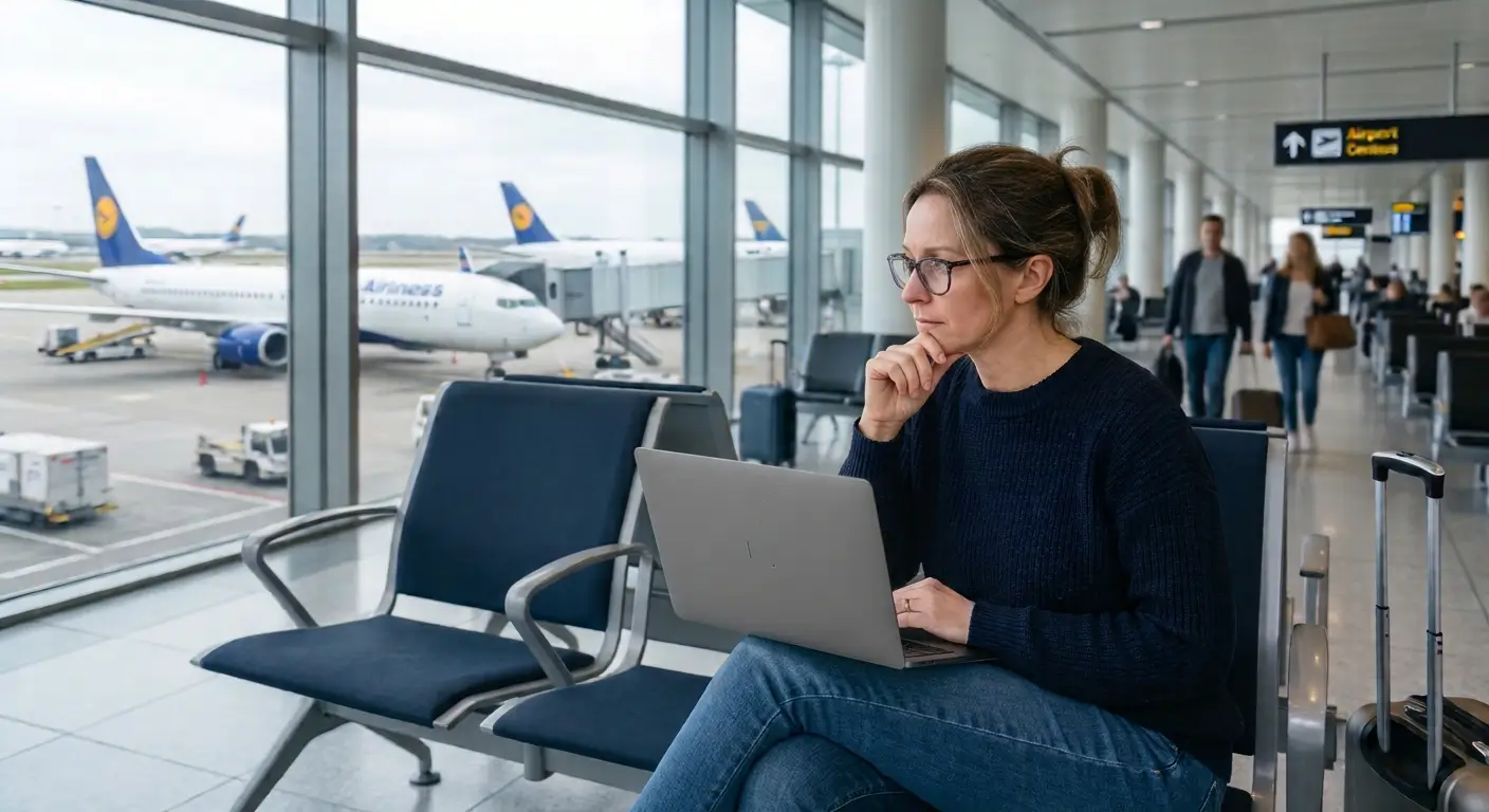 a woman wth lap-top at the airport