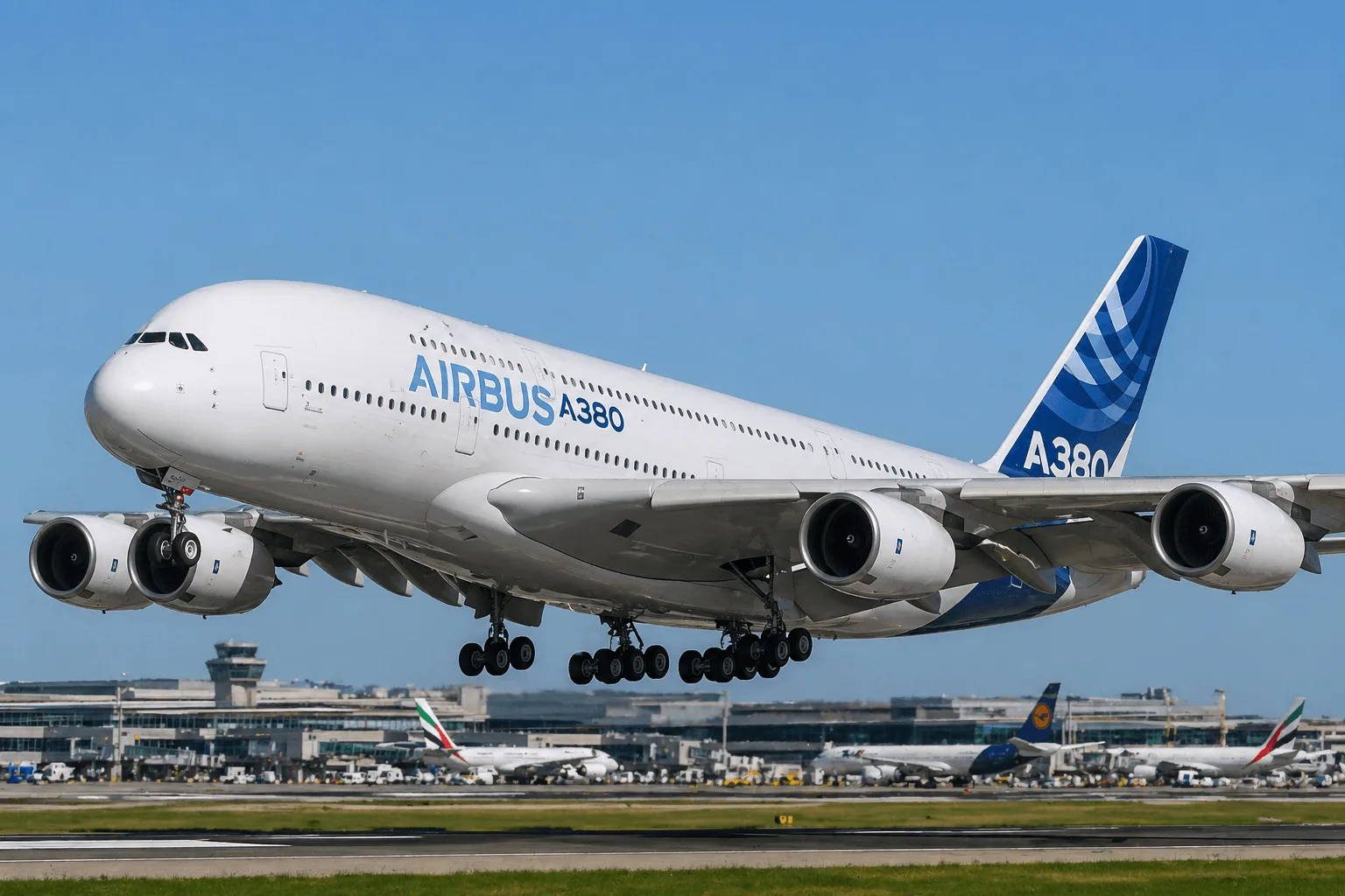 Airbus A380 vid gate p&aring; flygplats