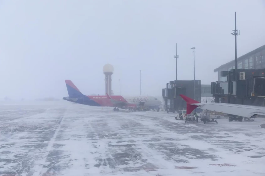 aircraft on the runway during the blizzard