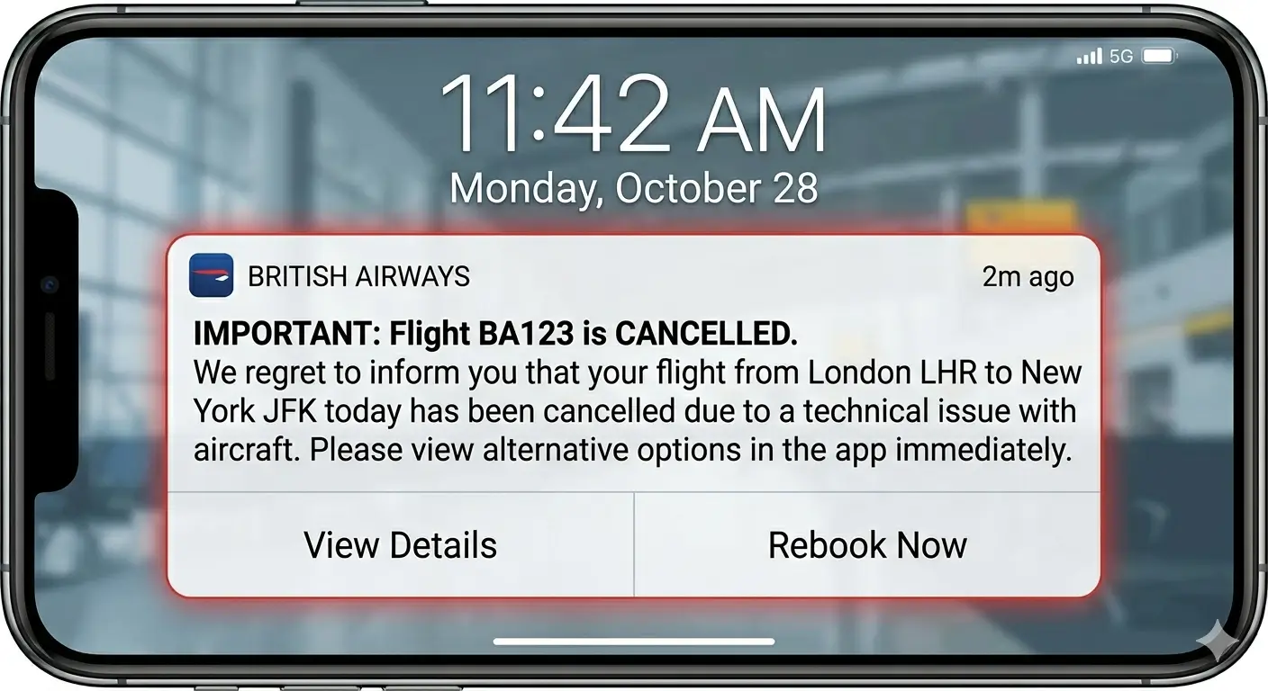 A smartphone lock screen showing a push notification from British Airways stating that flight BA123 from London LHR to New York JFK has been cancelled due to an aircraft technical issue, with buttons to view details or rebook.